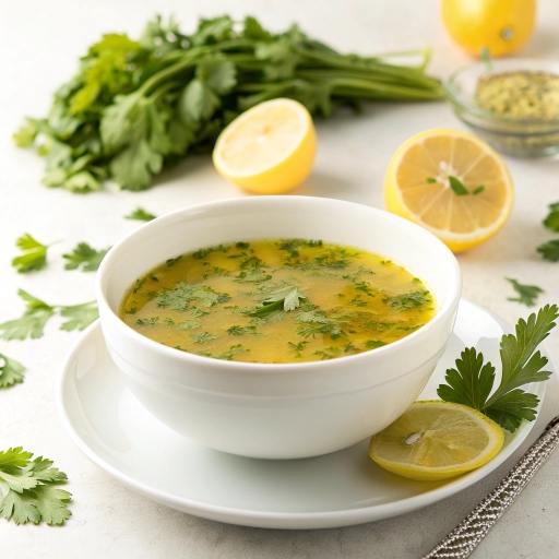 Steaming bowl of clear lemon coriander soup garnished with fresh green coriander leaves and thin lemon slices, bright yellow-green color, light and refreshing