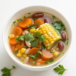 Transparent clear soup with colorful diced carrots, beans, cabbage and spring onion greens floating