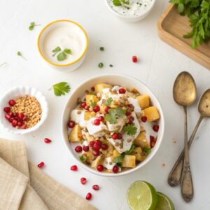 Baked papdi layered with curd, chutneys, sev and pomegranate