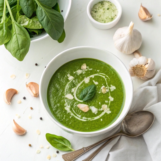 Vibrant emerald green spinach soup with visible garlic bits and a sprinkle of black pepper, served in a rustic bowl