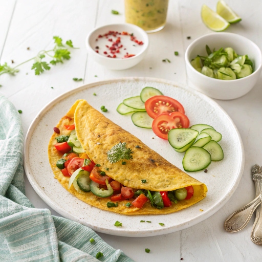 Thick gram flour cheela with visible vegetables and paneer stuffing, golden and crispy edges