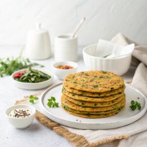 Thin, soft methi theplas with visible green flecks, stacked with curd and pickle