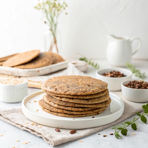 Soft whole wheat roti studded with roasted flaxseeds, folded and placed on a steel plate with curry on the side