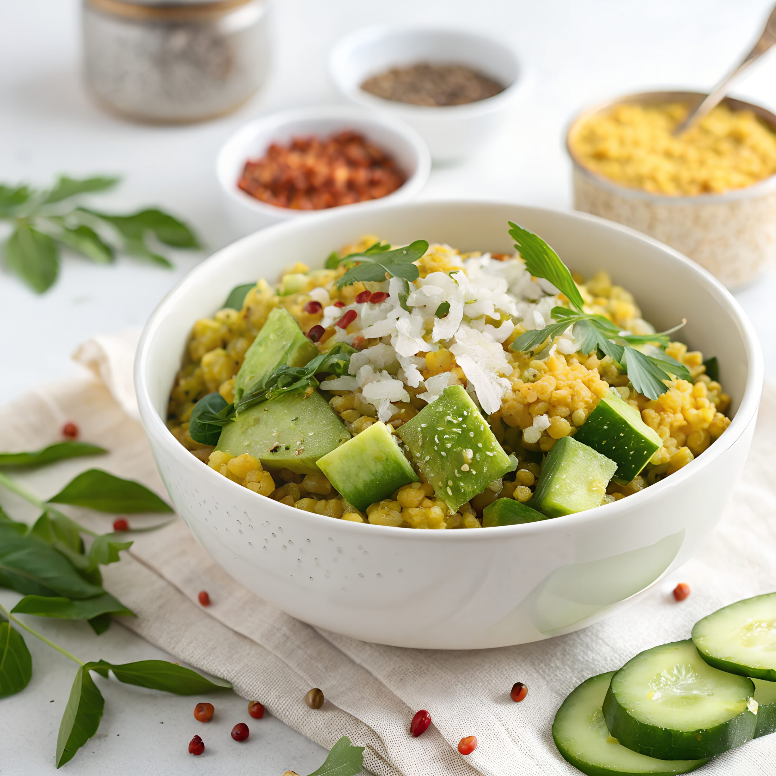 Grated cucumber and soaked moong dal with coconut, green chilli and lemon