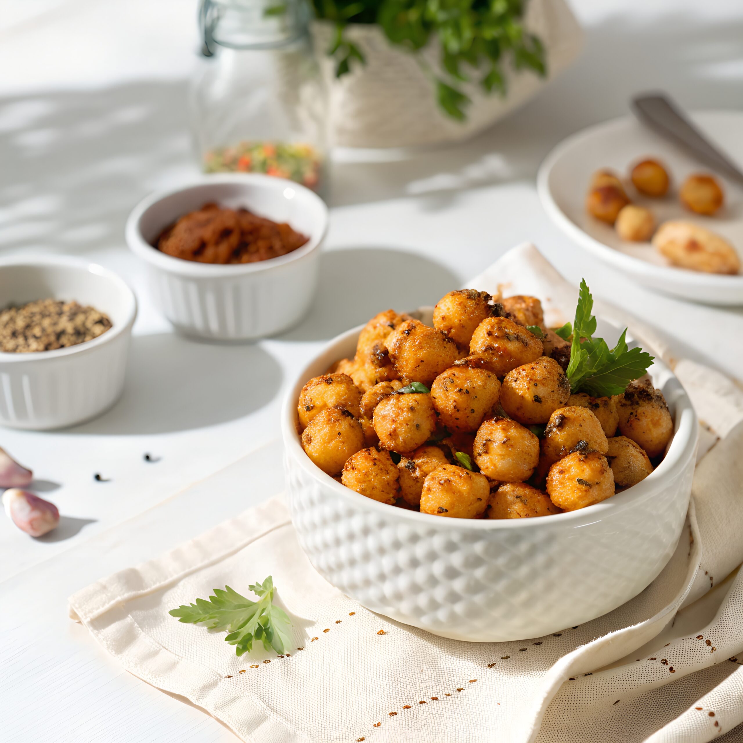 Pile of golden roasted fox nuts coated in turmeric, red chilli and chaat masala