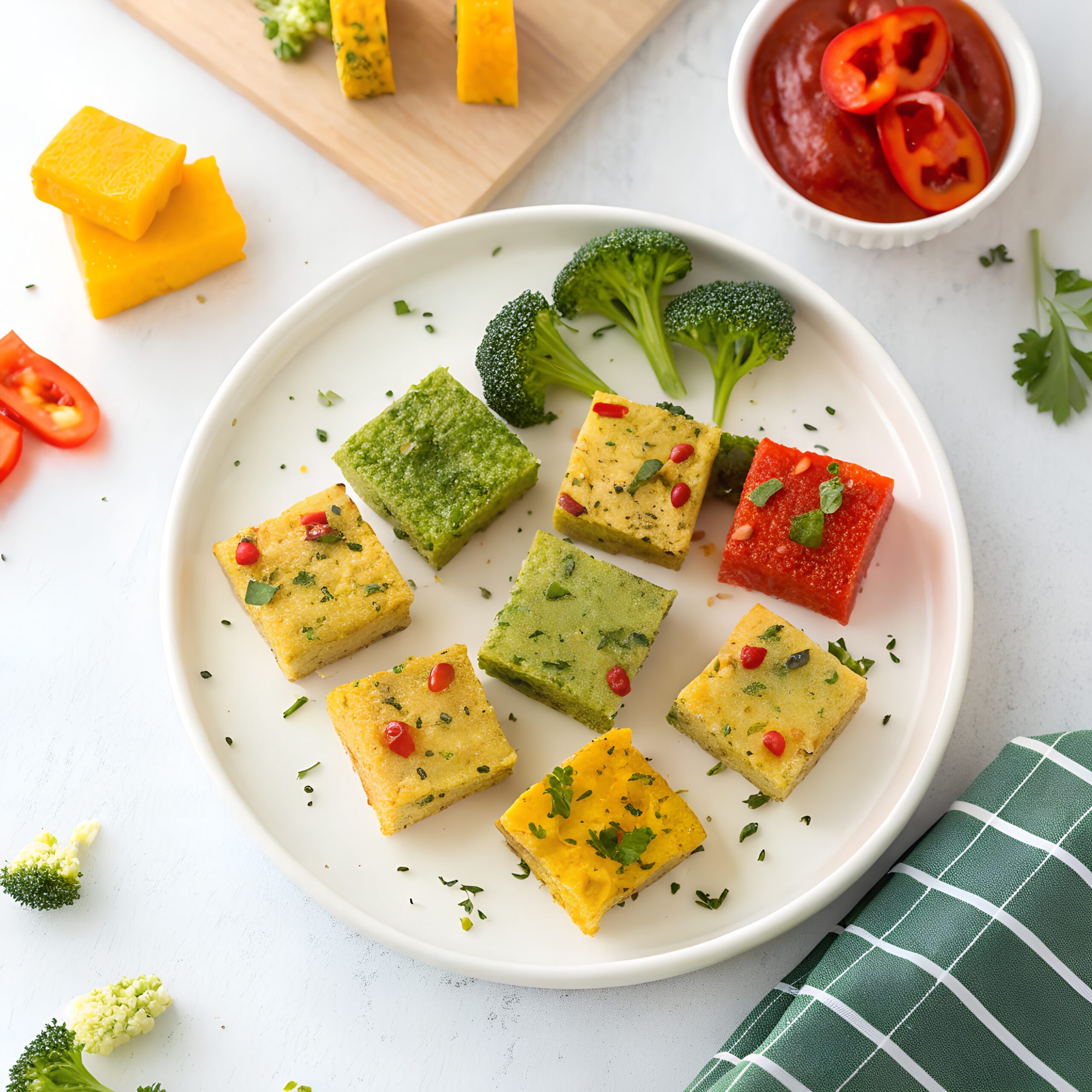 Besan Veg Omelette (Eggless Protein Snack) Golden-brown bite-sized moong dal chilla pieces arranged on a plate, garnished with coriander and served with green mint-coriander chutney and tomato ketchup on the side