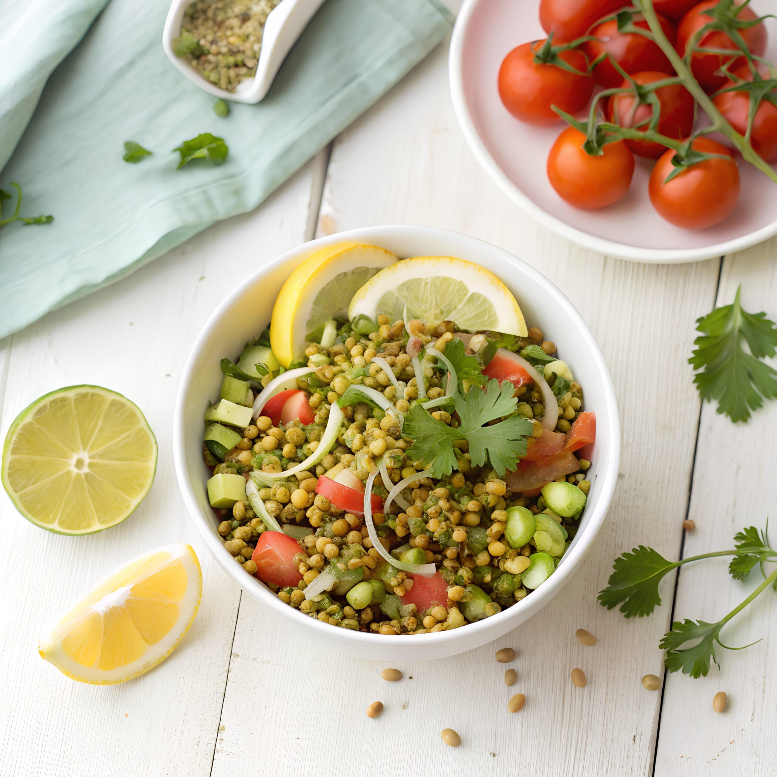 Bowl of green moong sprouts mixed with onion, tomato, cucumber, pomegranate and lemon