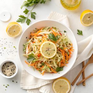 Shredded purple cabbage and bright orange carrots tossed with lemon and black pepper