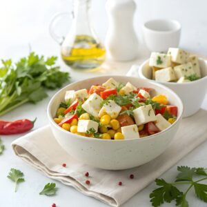 Cubes of soft paneer with golden corn, capsicum, onion and coriander