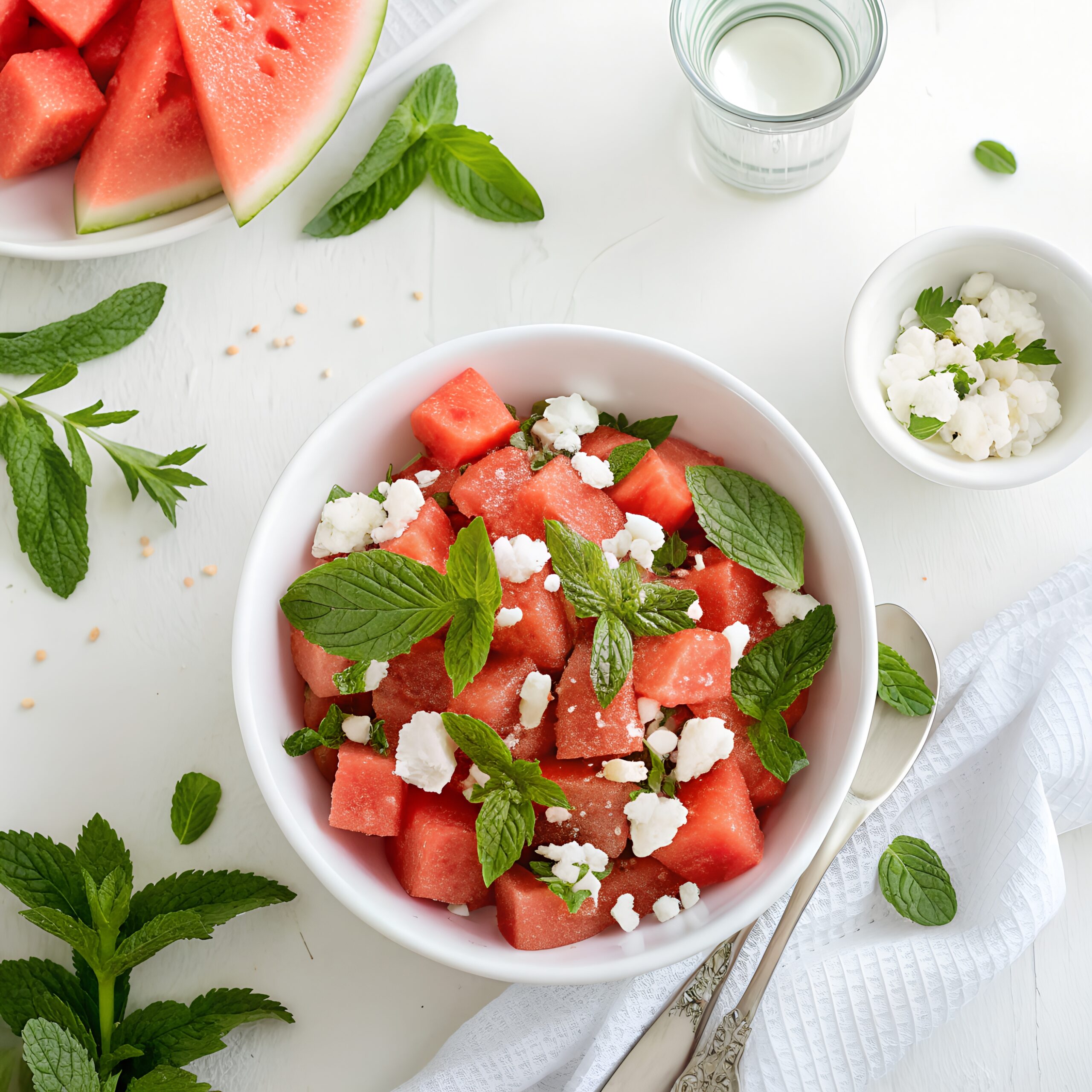 Juicy red watermelon cubes with mint leaves, feta (or paneer) and black salt