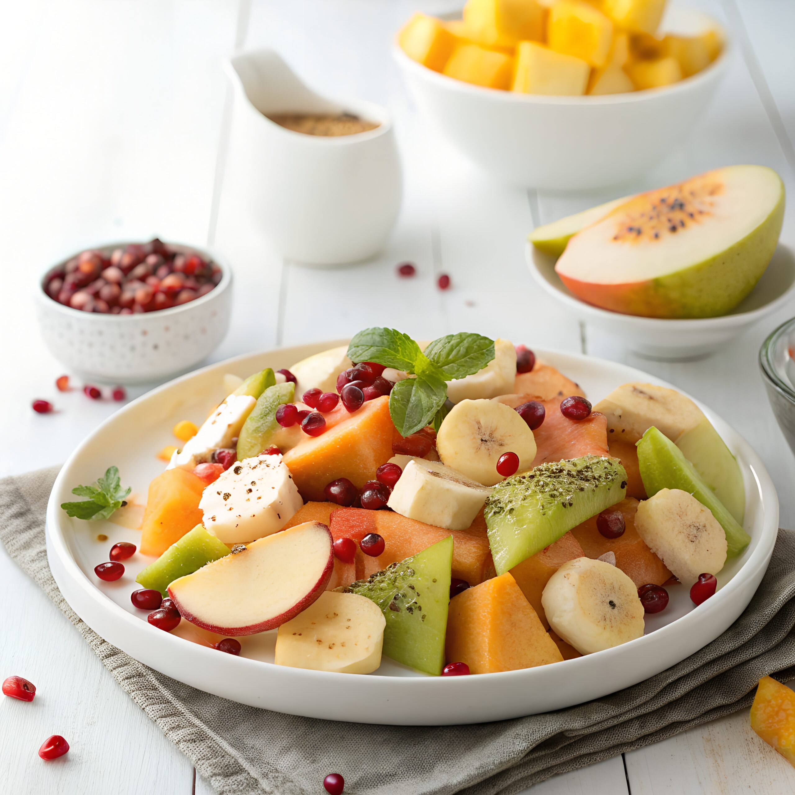 Mixed fruits (apple, banana, pomegranate, guava) tossed with chaat masala and lemon