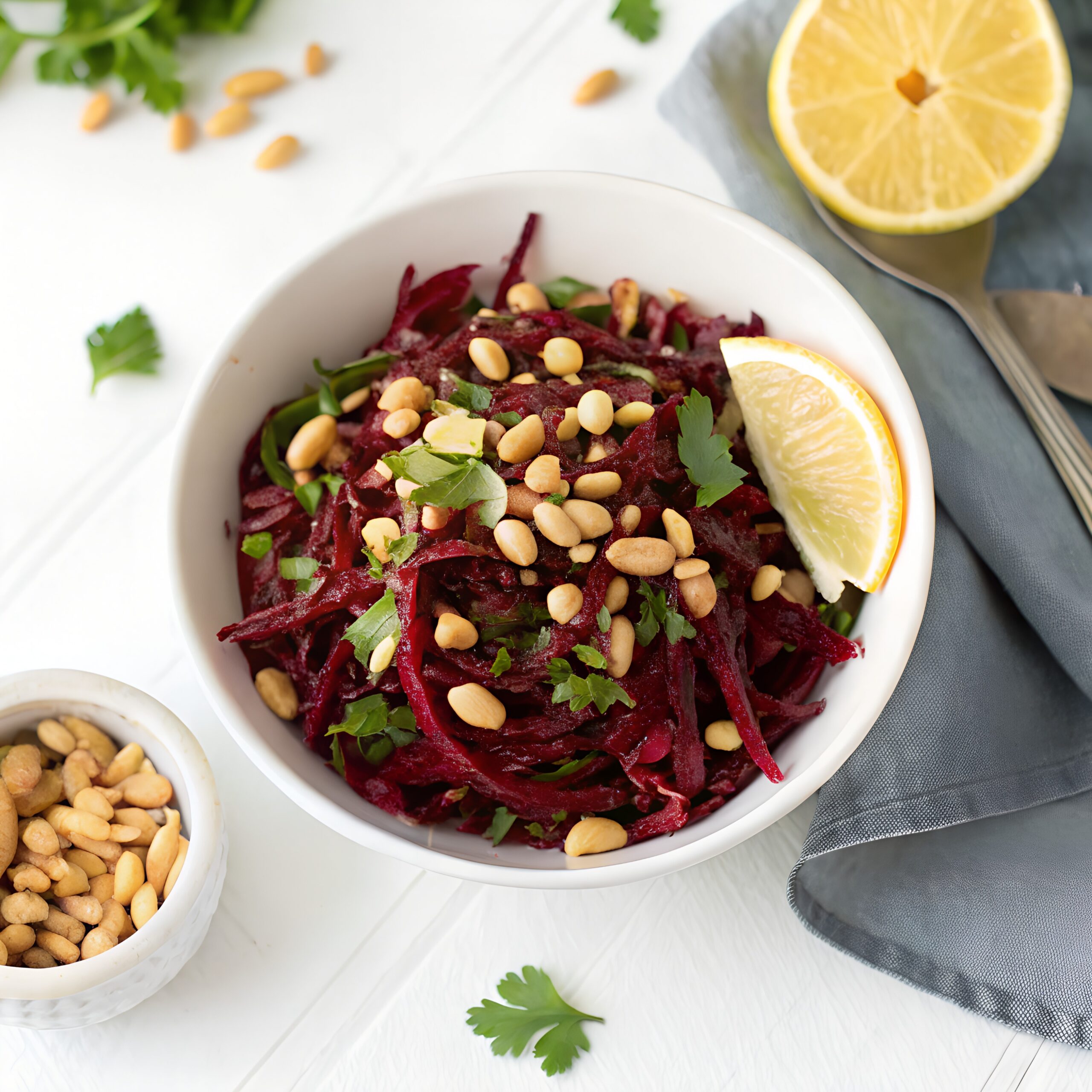 Grated beetroot mixed with roasted peanuts, coriander and lemon dressing