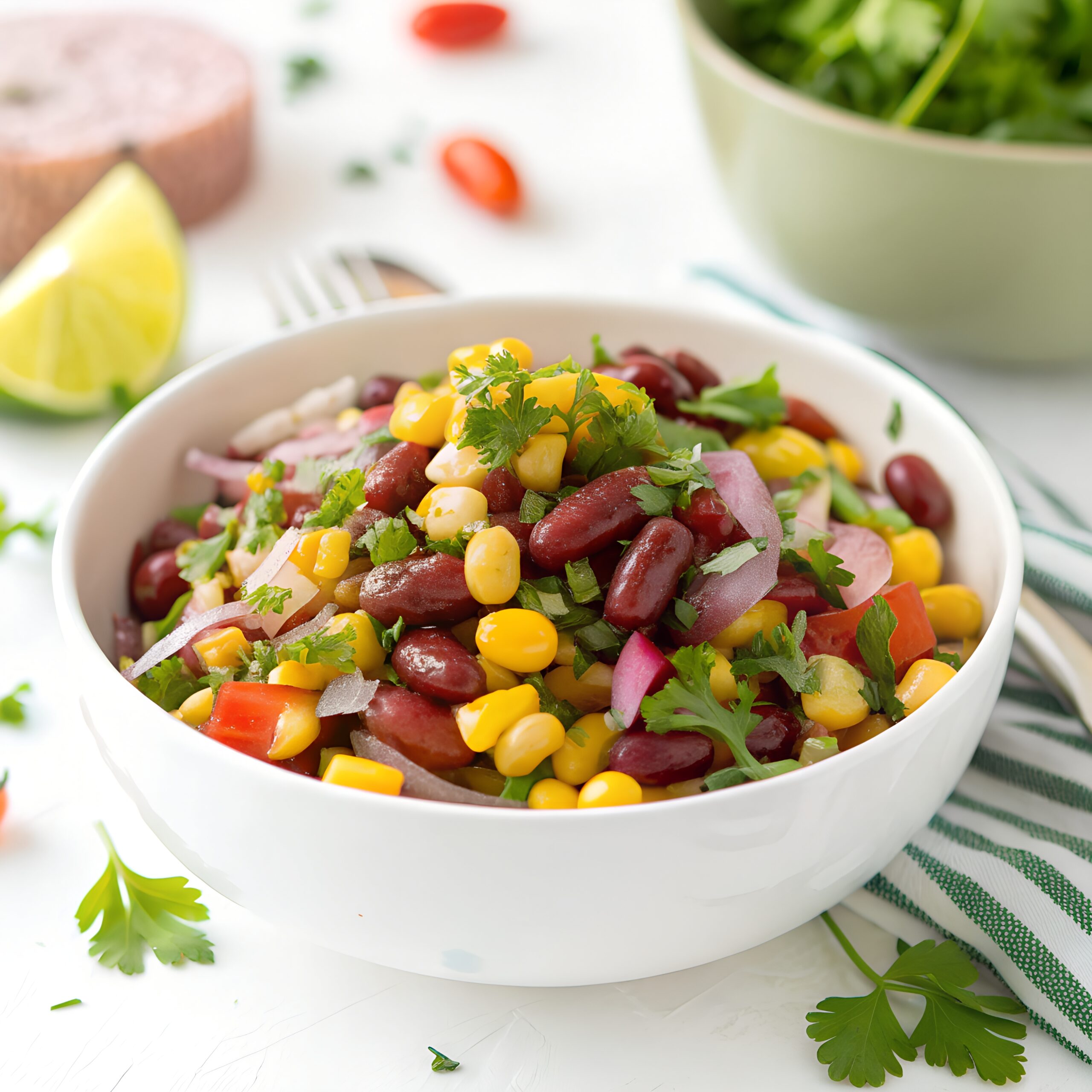 Dark red sprouted rajma with sweet corn, onion, tomato and tangy masalas