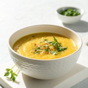 Warm golden-yellow moong dal soup with tempered cumin seeds, curry leaves and a dash of lemon