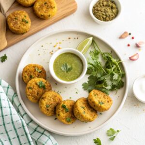 Golden-brown bite-sized moong dal chilla pieces arranged on a plate, garnished with coriander and served with green mint-coriander chutney and tomato ketchup on the side