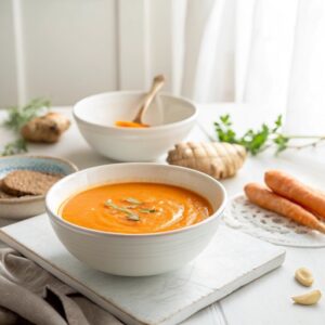 Velvety orange carrot ginger soup in a white bowl topped with fresh ginger strips and coriander, warm and comforting