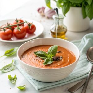 Rich red tomato soup garnished with fresh basil leaves and black pepper, creamy texture without dairy