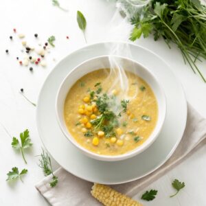 Light yellow sweet corn soup with floating corn kernels, finely chopped carrots and beans, topped with spring onions
