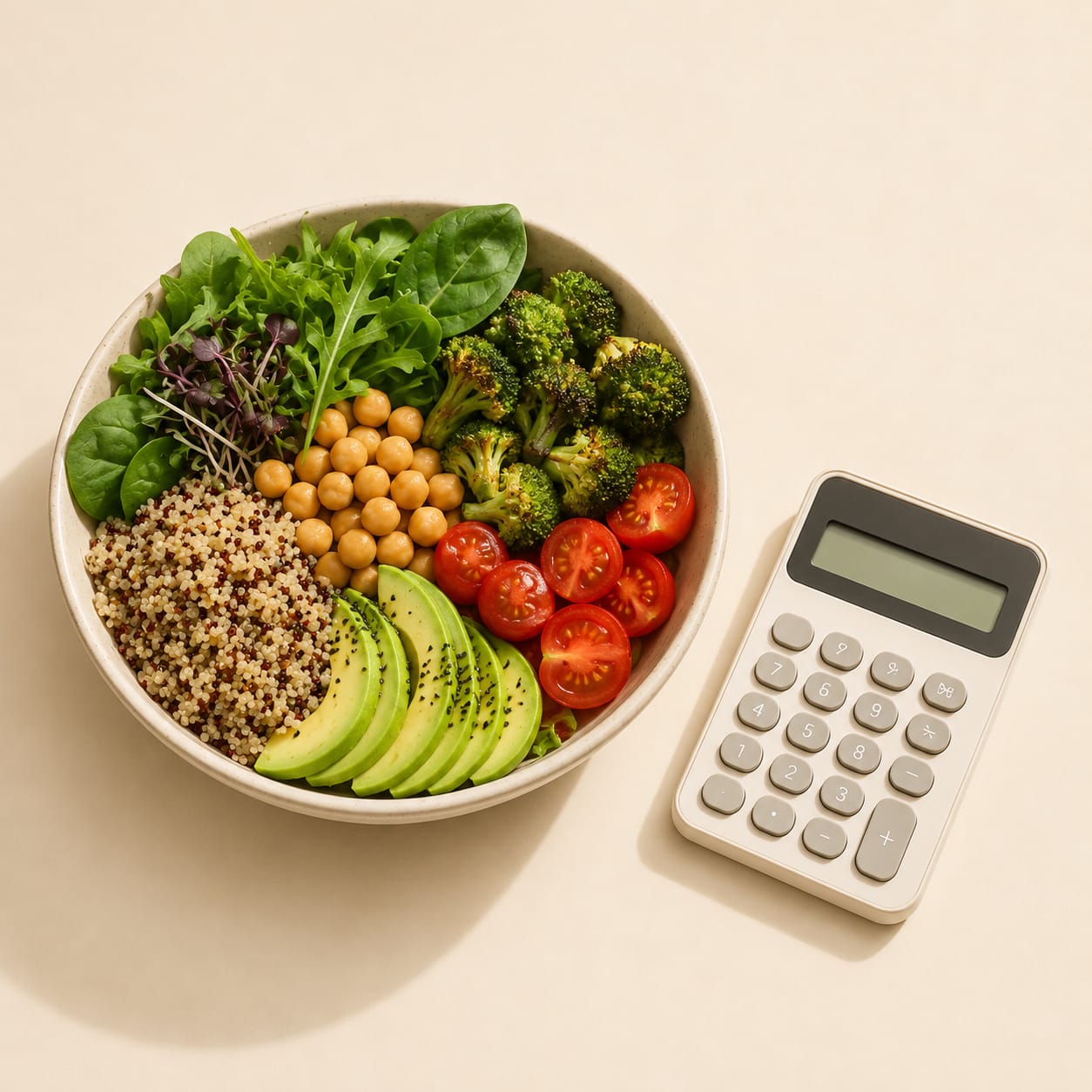 Healthy salad bowl with calculator