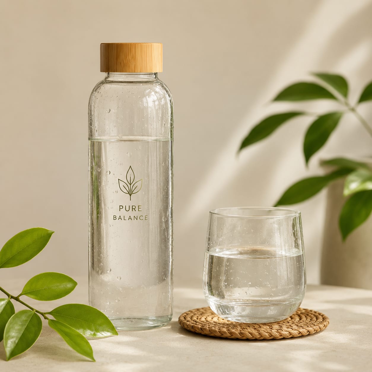 Glass bottle and glass of water