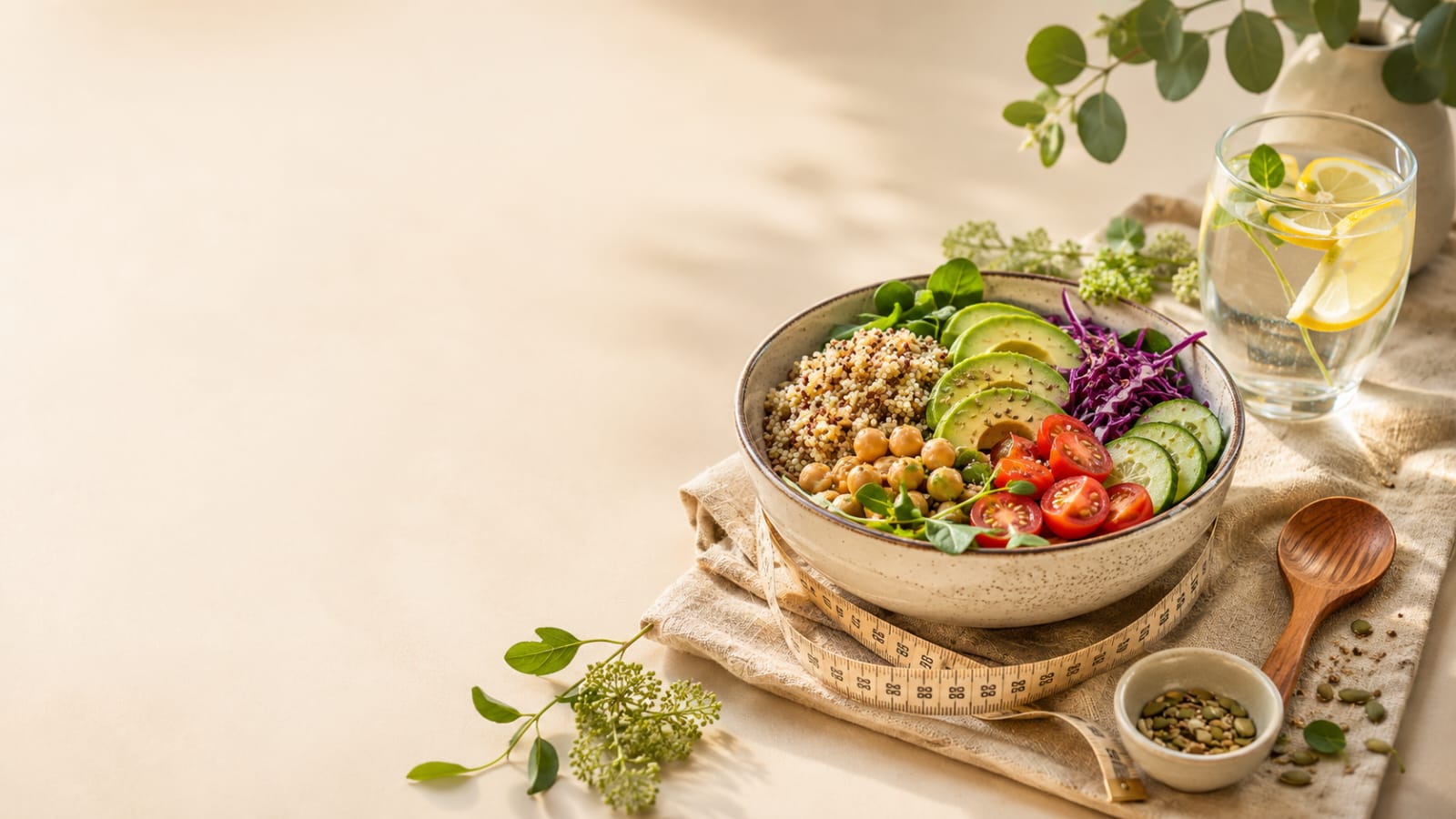 Healthy vegetarian bowl with measuring tape